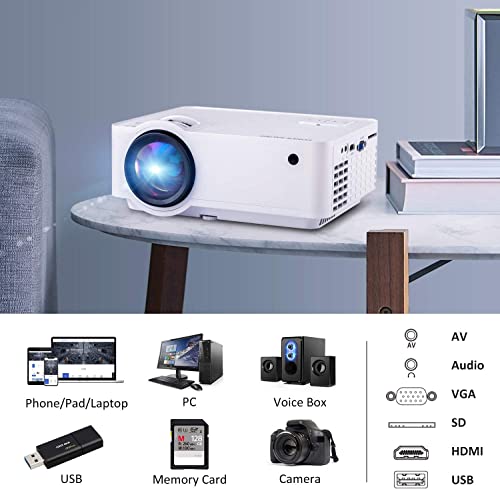 Mini Projector, 7500 Lux 210" Projector 1080P Supported Display with 52000 Hrs Portable LED Movie Projector Compatible with Phone Computer Laptop USB HDMI VGA-Home Office Outdoor Entertainment