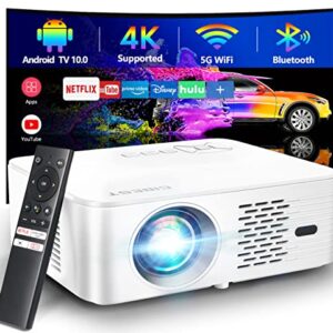 4K Support Android TV 10.0 Projector 5G WiFi Bluetooth Native 1080P, CIBEST Full-Sealed Optical Engine Home Movie FHD Projector with Netflix/Prime Video Built-in, 8000+ Apps, Autofocus, Stereo Sound