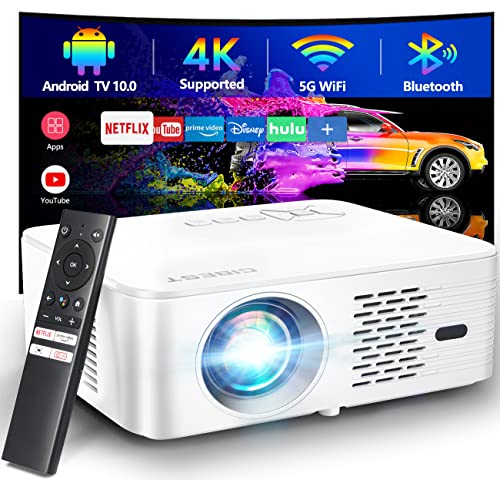 4K Support Android TV 10.0 Projector 5G WiFi Bluetooth Native 1080P, CIBEST Full-Sealed Optical Engine Home Movie FHD Projector with Netflix/Prime Video Built-in, 8000+ Apps, Autofocus, Stereo Sound