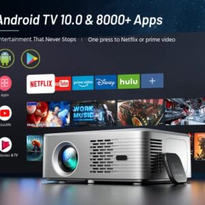 4K Support Android TV 10.0 Projector 5G WiFi Bluetooth Native 1080P, CIBEST Full-Sealed Optical Engine Home Movie FHD Projector with Netflix/Prime Video Built-in, 8000+ Apps, Autofocus, Stereo Sound