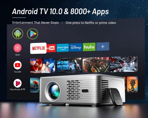 4K Support Android TV 10.0 Projector 5G WiFi Bluetooth Native 1080P, CIBEST Full-Sealed Optical Engine Home Movie FHD Projector with Netflix/Prime Video Built-in, 8000+ Apps, Autofocus, Stereo Sound