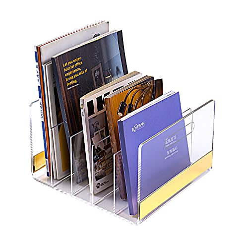 Mouchoi Acrylic Desk File Organizer, Clear File Organizer, Acrylic Magazine Holder, 5 Compartments, Gold Trim