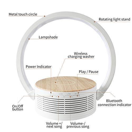 Bluetooth Speaker Wireless Charger with Desk Lamp Bedside Night Light Portable Small Mini Speaker, Led Reading Adjustable Dimmable Table Lamp for Home Office, Dorm, Kids, Students, Boys, Girls Gifts