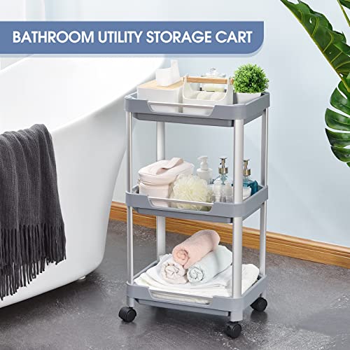 KINGRACK 3 Tier Utility Rolling Cart, Serving Rolling Cart with Control Handle, Mobile Utility Storage Cart for Bathroom Kitchen Laundry Room Office,Grey