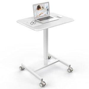dumos small standing laptop desk mobile standing desk manual adjustable home office desk height from 28.5“ to 42.7″ rolling standing desk 48″ x 65“ for working, meeting, teaching, speeching, white