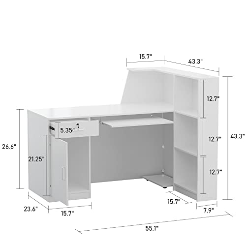 FAMAPY Modern Reception Desk Counter Desk for Retail & Checkout, Front Counter Table, L-Shaped, Black Tapes, Large Storage, for Office Boutique Lobby White (55.1”W x 23.6”D x 43.3”H)