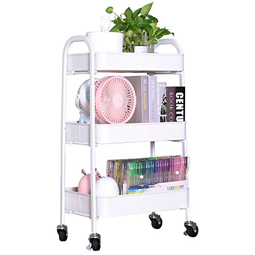 3 Tier Rolling Cart, No Screw Metal Utility Cart, Three Tier Rolling Storage Cart, Rolling Utility Carts with Lockable Wheels Heavy Duty Multifunctional Kitchen Bathroom Organizer Storage Cart, White