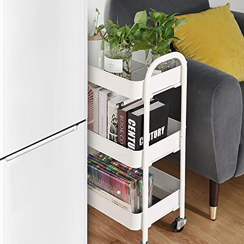 3 Tier Rolling Cart, No Screw Metal Utility Cart, Three Tier Rolling Storage Cart, Rolling Utility Carts with Lockable Wheels Heavy Duty Multifunctional Kitchen Bathroom Organizer Storage Cart, White