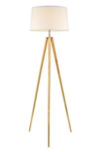 kira home grace 60.5″ mid century modern tripod led floor lamp + energy efficient 9w bulb, wooden tripod legs + white shade
