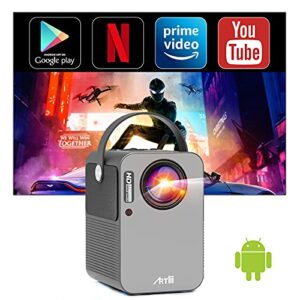 smart projector android tv 9.0, artlii play wifi bluetooth projector, native 1080p full hd supported, stereo sound, 4d±45° correction, outdoor projector with built-in netflix, youtube, prime video