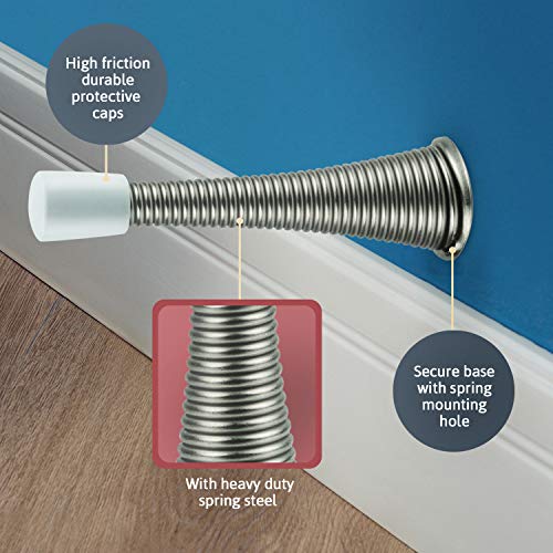Jack N’ Drill 3” Spring Door Stopper Special Edition Satin Nickel 15pcs Value Pack (12pcs White + 3pcs Clear Tips) Bendable Spring and Heavy Duty Rustproof Door Stop, 100% Safe for Children and Pets