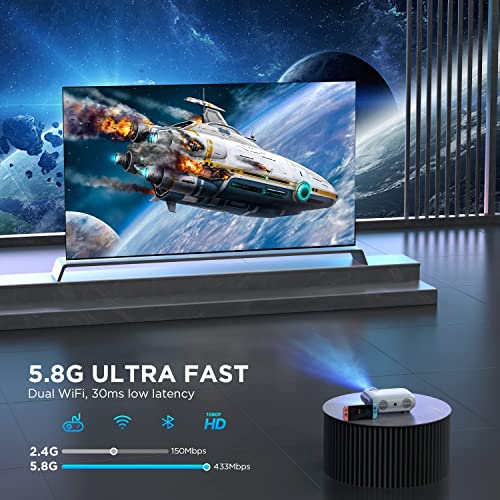 Projector with 5G WiFi and Bluetooth, 8000 Lux Ultra Bright Portable Outdoor Movie Projector 1080P Supported, Phone Projector for Home Theater, Compatible HDMI, USB, PC, TV Stick, iOS & Android