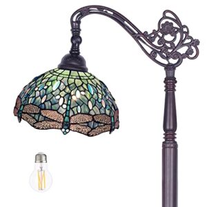 mooview tiffany floor lamp dragonfly stained glass floor reading bedroom living room arched lamp 61’’ tall wide lampshade 1 pcs led bulb(2700k e26) included,sea blue,gifts