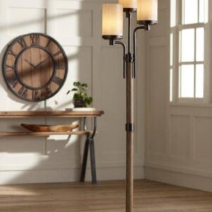 Franklin Iron Works Astoria Rustic Farmhouse Industrial Standing Floor Lamp Tree 3-Light 71" Tall Bronze Faux Wood Faux Tea Alabaster Glass for Living Room Reading House Bedroom Home Office