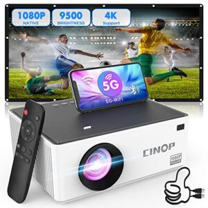 5g wifi bluetooth mini projector, cinop 1080p native 4k supported projector, 9500l, portable outdoor, support 4p/4d keystone correction, tv stick, dvd, hdmi,usb, laptop, phone wireless mirroing screen