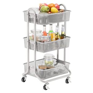 designa 3-tier rolling utility cart storage shelves multifunction, metal mesh baskets, pantry cart with lockable wheels, gray