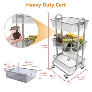 DESIGNA 3-Tier Rolling Utility Cart Storage Shelves Multifunction, Metal Mesh Baskets, Pantry Cart with Lockable Wheels, Gray