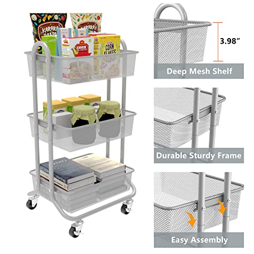 DESIGNA 3-Tier Rolling Utility Cart Storage Shelves Multifunction, Metal Mesh Baskets, Pantry Cart with Lockable Wheels, Gray
