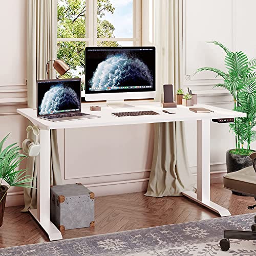 Shintenchi Electric Standing Desk, 63 x 24 Inch Height Adjustable Sit Stand Desk Morder Home Office Stand Up Desk Computer Work Station with Splice Board, (White Frame + White Top)