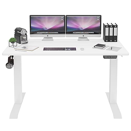 Shintenchi Electric Standing Desk, 63 x 24 Inch Height Adjustable Sit Stand Desk Morder Home Office Stand Up Desk Computer Work Station with Splice Board, (White Frame + White Top)
