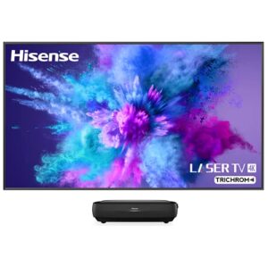 hisense 100l9g laser tv triple-laser ultra short throw projector with 100″ alr screen, 4k uhd, 3000 lumens, dolby vision, android tv – black