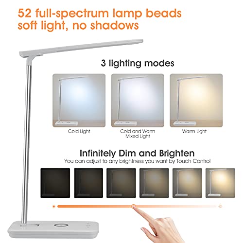 Fasiphe LED Foldable Desk Lamp with Wireless Charger and USB Port, Touch Control, Cold and Warm with 3 Levels Brightness Eye-Protective Reading Lights, Table Lamps for Home Office White