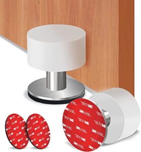 rubber door stop with extra stickers, self-adhesive door stopper with white rubber & stainless steel body – heavy duty sound dampening door bumpers for home & office use