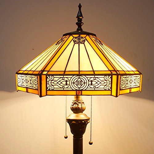 WERFACTORY Tiffany Floor Lamp Yellow Hexagon Stained Glass Mission Standing Reading Light 16X16X64 Inches Antique Pole Corner Lamp Decor Bedroom Living Room Home Office S011 Series