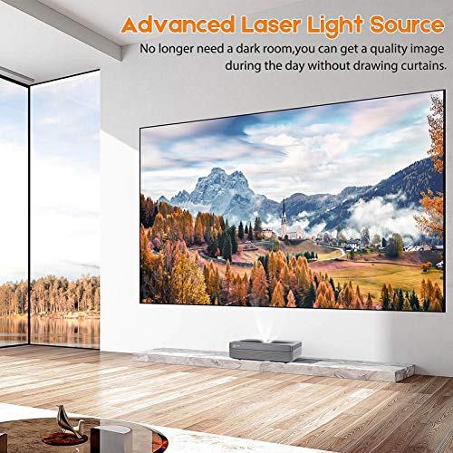 OMMC 4K UHD Laser TV Home Theatre Projector | Bright 2500 ANSI Lumens | Ultra Short Throw | Built-in Integrated SoundBar | Smart Android System| 3G RAM+64G Storage