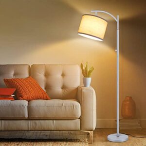 outon led floor lamp, 3 color temperatures modern lamp with rotary switch, adjustable tall standing reading lamp with hanging white linen texture shade for living room, bedroom, office, silver grey