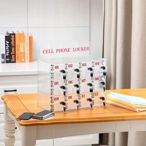 Clear Cell Phone Locker Box with Keys 12 Slots Acrylic Cell Phones Storage Cabinet Wall Mounted Clear Phone Lock Box Classroom Phone Organizer for Pocket Cellphone Holder School Office Classroom