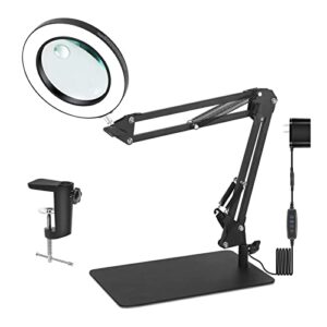 magnifying glass with light and stand, eooku 2-in-1 magnifying lamp & clamp, 5x & 10x magnifier 3 color modes stepless dimmable, adjustable swing arm for repair crafts soldering