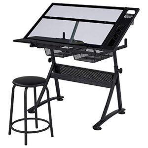 topeakmart height adjustable drafting desk artist drawing table tilted tabletop art desk work station w/2 storage drawers and stool for home office