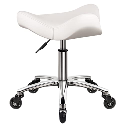 WKWKER Heavy Duty Rolling Stool with Wheels Hydraulic Swivel Adjustable Rolling Stool Ergonomic Thick Irregular Leather Seat Stool Chair for Kitchen Drafting Lab Office Salon Message Stool – White