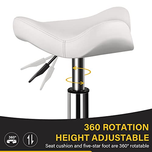 WKWKER Heavy Duty Rolling Stool with Wheels Hydraulic Swivel Adjustable Rolling Stool Ergonomic Thick Irregular Leather Seat Stool Chair for Kitchen Drafting Lab Office Salon Message Stool – White