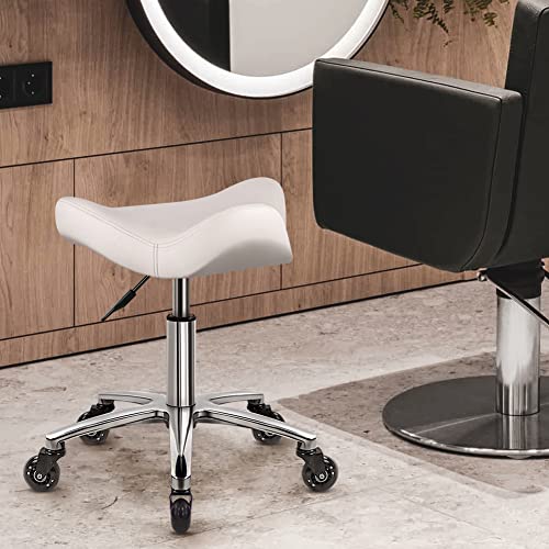 WKWKER Heavy Duty Rolling Stool with Wheels Hydraulic Swivel Adjustable Rolling Stool Ergonomic Thick Irregular Leather Seat Stool Chair for Kitchen Drafting Lab Office Salon Message Stool – White