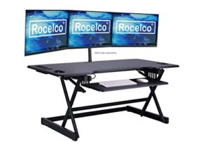 rocelco 46″ height adjustable standing desk converter – desktop ac usb charger – sit stand up triple monitor riser – tall computer workstation – retractable keyboard tray – black (r dadrb-46-acusb)