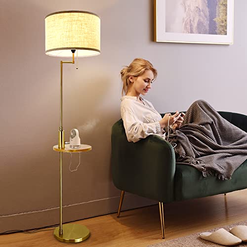 Bedroom & Living Room Floor Lamp with USB Charging Port-DLLT Stand Reading Light & Side Table-Classic Tall Pole Light for Office-Suits Mid Century Modern Home & Farmhouse Rustic Lighting-Drum Shade