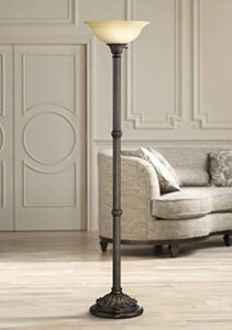 barnes and ivy bellham rustic farmhouse torchiere floor lamp standing 72″ tall bronze pole pale amber fluted glass shade for living room reading bedroom office house home decor