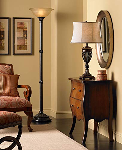 Barnes and Ivy Bellham Rustic Farmhouse Torchiere Floor Lamp Standing 72" Tall Bronze Pole Pale Amber Fluted Glass Shade for Living Room Reading Bedroom Office House Home Decor