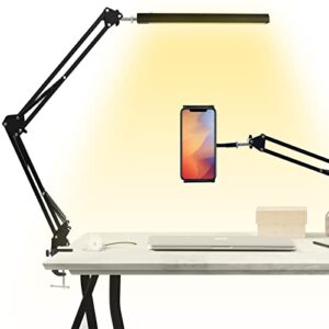 qipima led desk lamp, 2-in-1 swing arm desk light with clampand cellphone holder, 3 lighting 10 brightness eye-caring modes, reading desk lamps for home office 360 degree spin