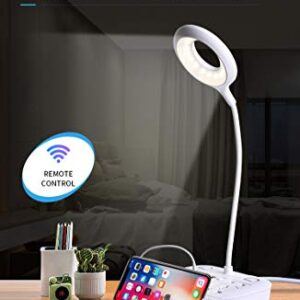 Nsiucion LED Desk Lamp, Adjustable Table Lamp Light with Remote Control, Eye-Caring Dimmable Office Lamp with 2 USB Charging Ports, 4 AC Power Outlets, Phone Stand, Multi Brightness Levels-White