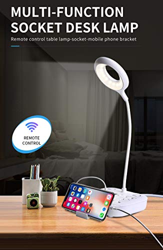 Nsiucion LED Desk Lamp, Adjustable Table Lamp Light with Remote Control, Eye-Caring Dimmable Office Lamp with 2 USB Charging Ports, 4 AC Power Outlets, Phone Stand, Multi Brightness Levels-White