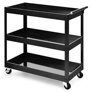 happytools 3-tier rolling cart, 330 lbs capacity utility cart with 4 swivel wheels, heavy duty metal service push cart mechanic organizer for home kitchen garage warehouse (black)