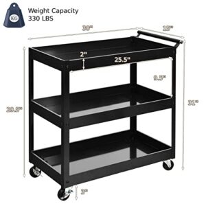 Happytools 3-Tier Rolling Cart, 330 lbs Capacity Utility Cart with 4 Swivel Wheels, Heavy Duty Metal Service Push Cart Mechanic Organizer for Home Kitchen Garage Warehouse (Black)