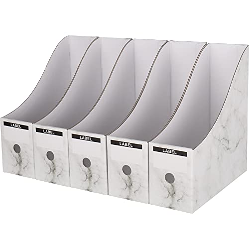 Magazine File Holder Storage Box Catalog Racks Collapsible Office Organizer Box Cardboard Paper File Folders Book Desk Accessories Reference Racks With Labels for A4 Size Document (Marble 5 Pack)