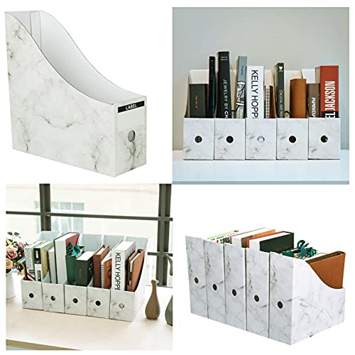 Magazine File Holder Storage Box Catalog Racks Collapsible Office Organizer Box Cardboard Paper File Folders Book Desk Accessories Reference Racks With Labels for A4 Size Document (Marble 5 Pack)