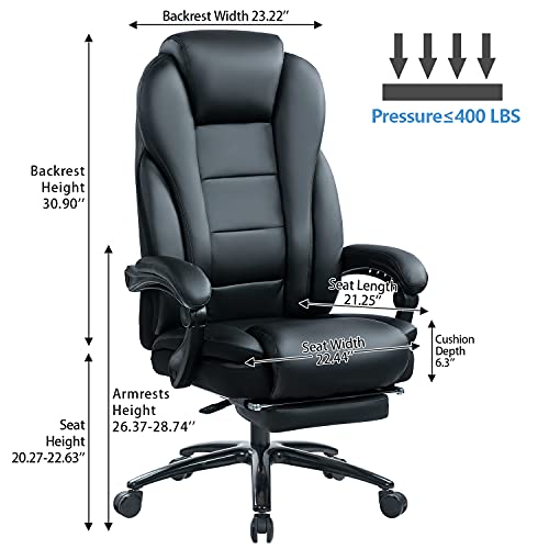 KCREAM Big and Tall 400 LBS Office Executive Chair with Footrest Heavy Duty Metal Base & Linkage Armrests Leather Computer Task Chair Ergonomic Design