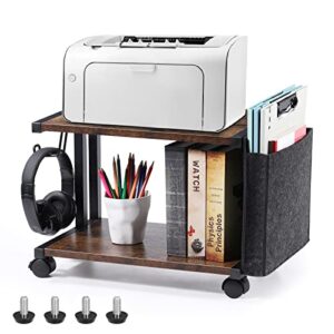 printer stand with storage bag under desk printer table on wheels 2 tier small desktop rolling stand shelf for fax machine scanner files (brown)
