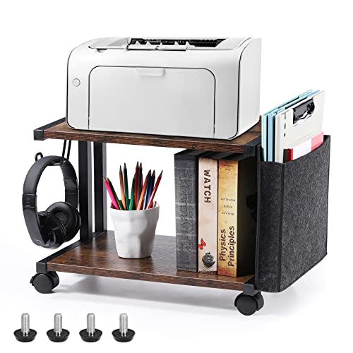 Printer Stand with Storage Bag Under Desk Printer Table on Wheels 2 Tier Small Desktop Rolling Stand Shelf for Fax Machine Scanner Files (Brown)